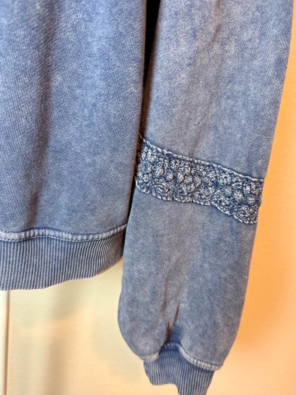 Aerie Hey Crochet Mineral Wash Blue Sweatshirt Crochet Lace Detail Oversize XS - Picture 9 of 15